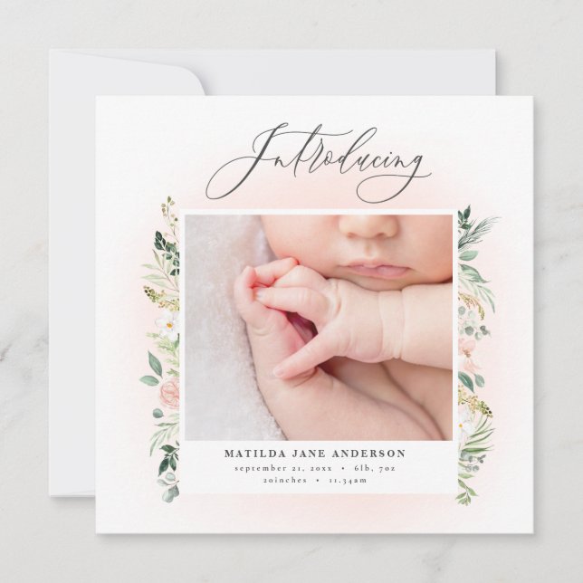 Introducing photo blush pink floral birth announcement (Front)