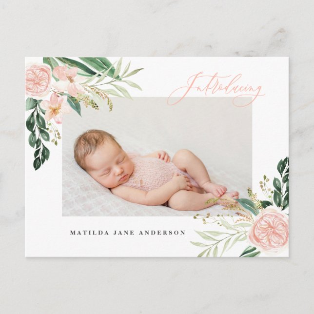 Introducing photo blush pink floral birth announcement postcard (Front)
