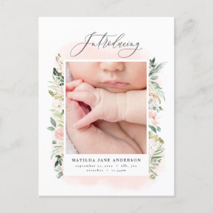 Introducing photo pink floral birth announcement