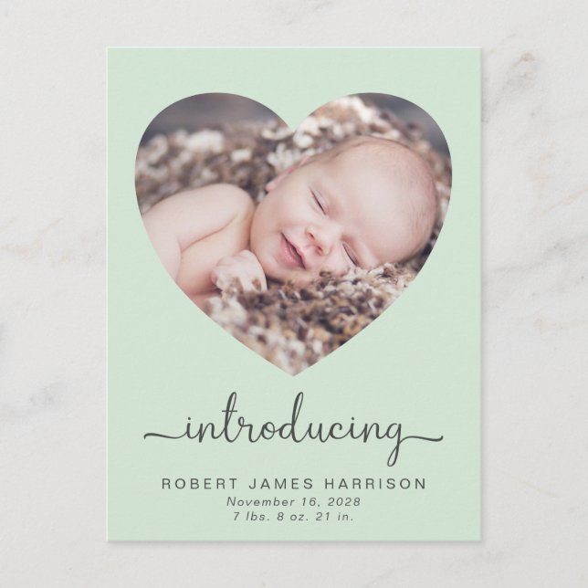 Introducing Photos Mint Green Baby Birth Announcement Postcard (Front)
