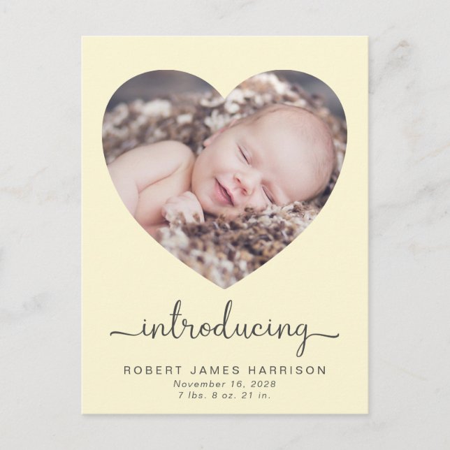 Introducing Photos Yellow Baby Birth Announcement Postcard (Front)