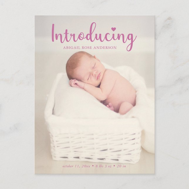 Introducing Pink Baby Girl Vertical Photo Script Announcement Postcard (Front)