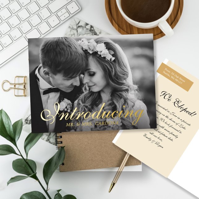 Introducing Script Elopement Photo Foil Invitation Postcard (Creator Uploaded)