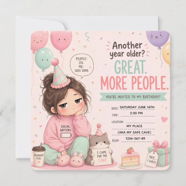 Introvert Social Battery Theme Birthday Party Invitation (Front)