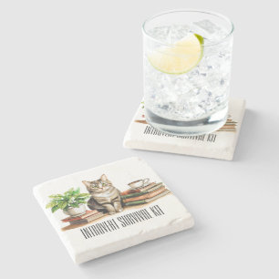 Introvert survival kit (Cat,plant,coffee,books) Stone Coaster