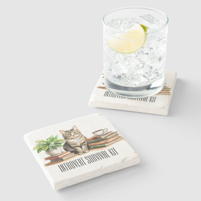Introvert survival kit (Cat,plant,coffee,books) Stone Coaster (Side)