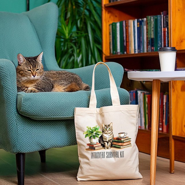 Introvert survival kit (Cat,plant,coffee,books) Tote Bag (Creator Uploaded)