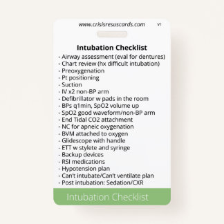 Intubation and Sedation Checklists ID Badge