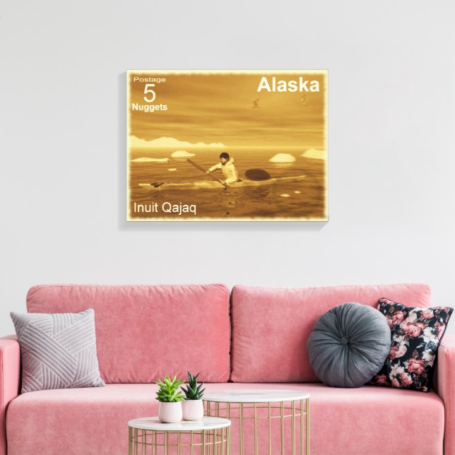 Inuit Kayak - Sepia - Alaska Postage Canvas Print (Insitu(LivingRoom))
