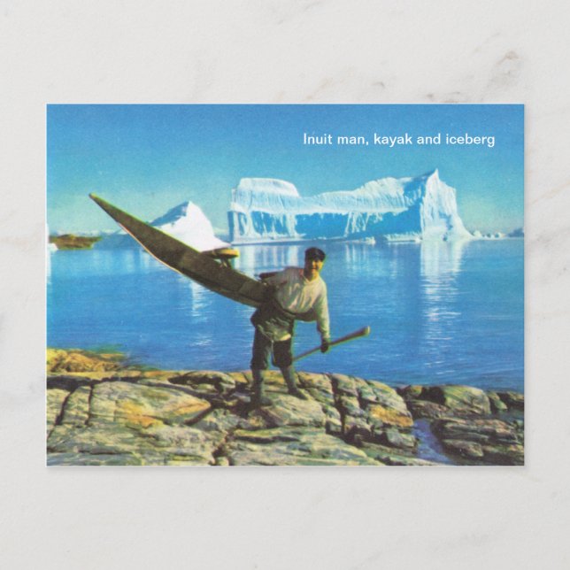 Inuit man with kayak and iceberg postcard (Front)
