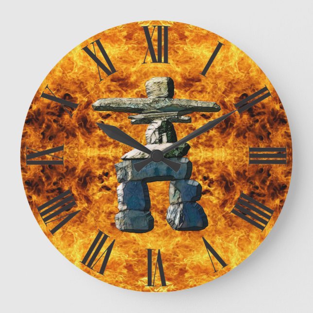 Inukshuk & Fire Native American Spirit Stones Large Clock (Front)
