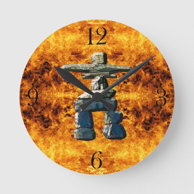 Inukshuk & Fire Native American Spirit Stones Round Clock (Front)