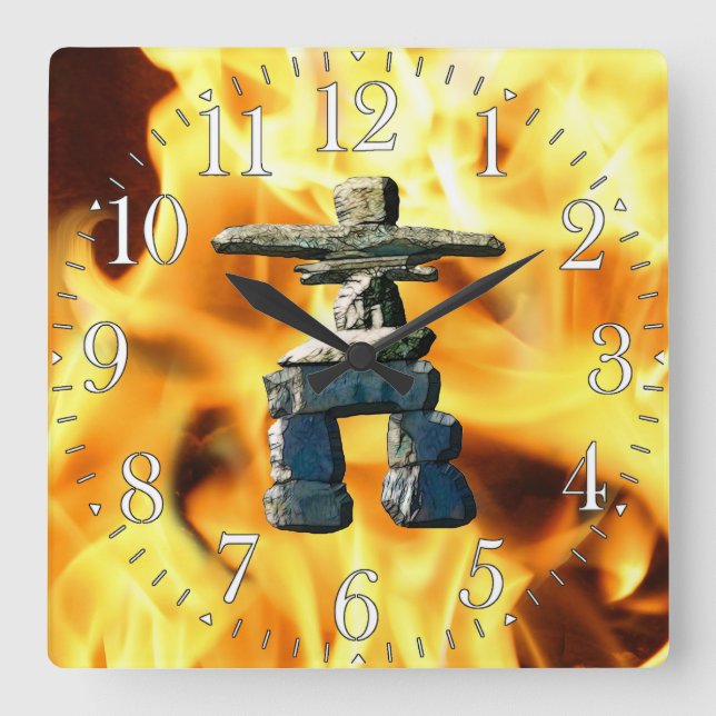 Inukshuk & Fire Native American Spirit Stones Square Wall Clock (Front)