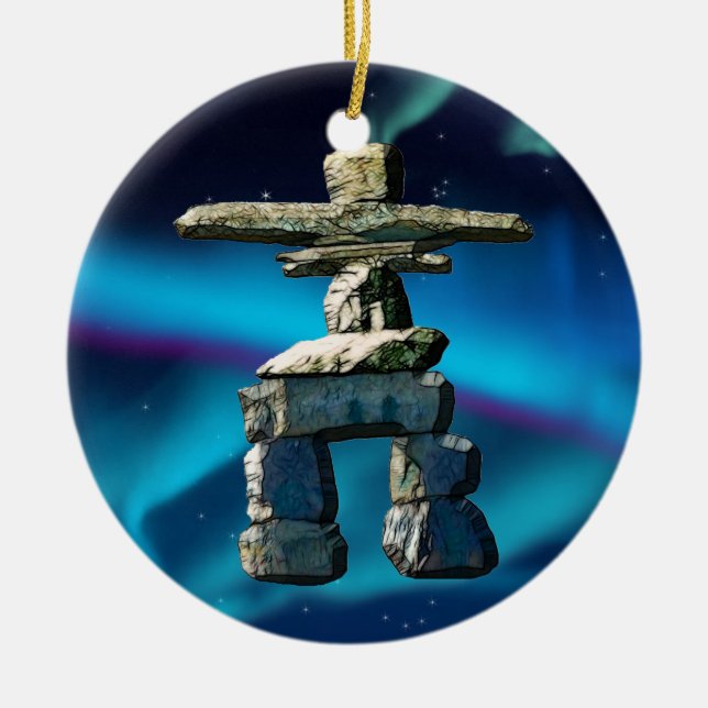 Inukshuk Native American Spirit Stones Ceramic Tree Decoration (Front)
