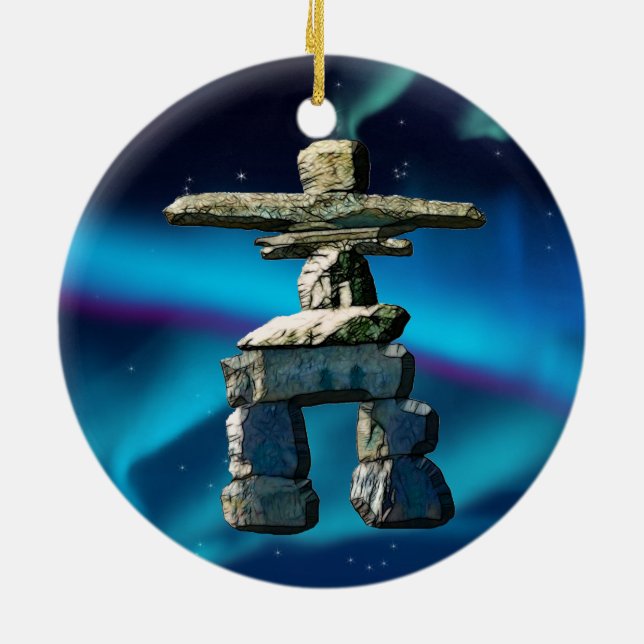 Inukshuk Native American Spirit Stones Ceramic Tree Decoration (Back)