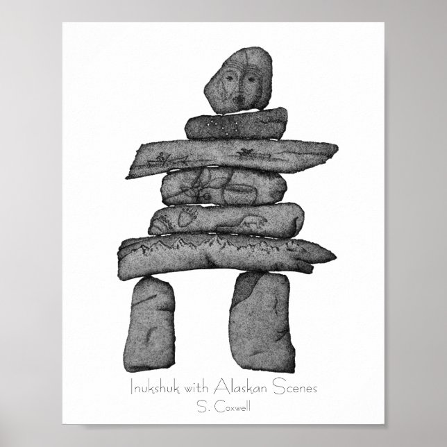 Inukshuk with Alaskan Scenes dotwork art Poster (Front)