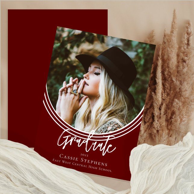 Inverted Arch Trendy Script Graduate Photo Maroon Invitation (Creator Uploaded)