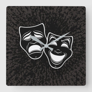 Inverted Black And White Comedy And Tragedy Masks Square Wall Clock