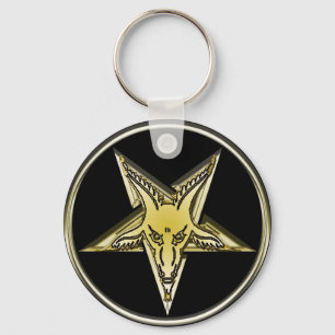 Inverted Pentagram with Golden Goat Head Key Ring