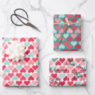 Inverted Pink Teal Valentine Hearts Pattern Wrapping Paper Sheet