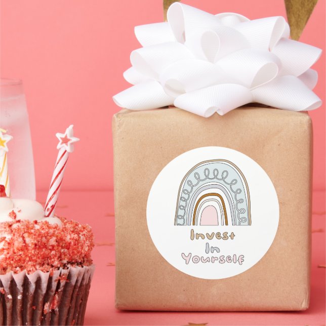 Invest in yourself motivational colourful rainbow classic round sticker (Party)