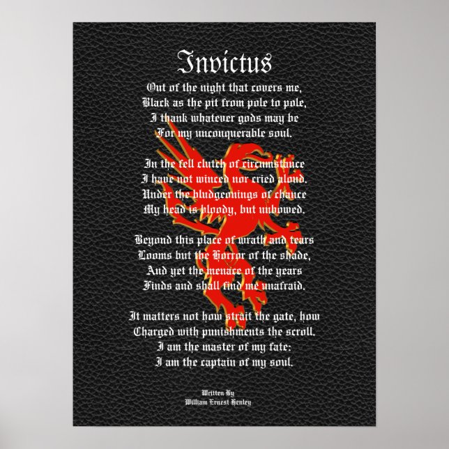 Invictus, inspirational poem black with griffon poster (Front)