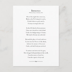 Invictus Poem, inspirational poetry quote Postcard