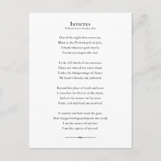 Invictus Poem, inspirational poetry quote Postcard