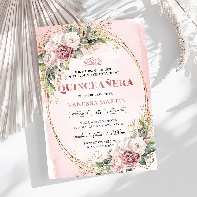 Invitación 15 Años Floral Rosa con Verde Eucalipto Invitation (Sparkling Blush Pink Flowers Eucalyptus 15th Birthday Invite

)