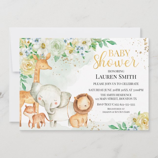 Invitación a Baby Shower para animales florales Invitation (Front)