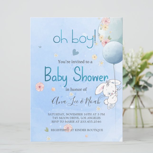 INVITACIÓN BABY SHOWER CUTE BONNY. FOR BABY BOY INVITATION (Standing Front)