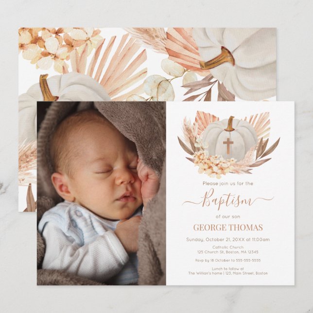 Invitación Baptism Boho white Pumpkin Photo Invita Invitation (Front/Back)