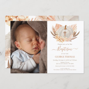 Invitación Baptism Boho white Pumpkin Photo Invita Invitation
