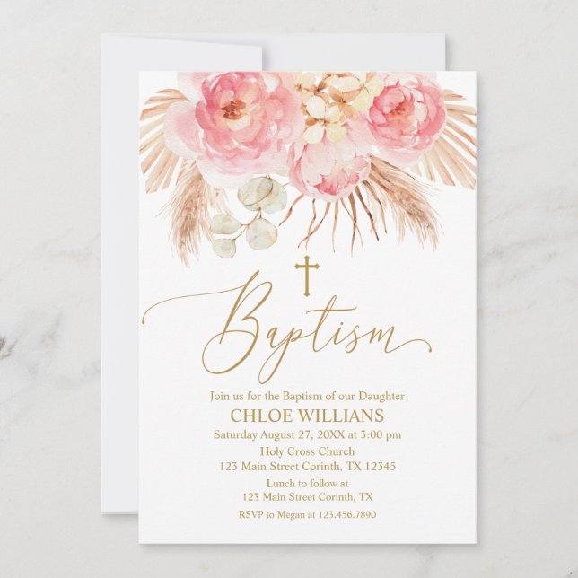 Invitación Baptism Floral pink Boho Pampas Girl In Invitation (Front)