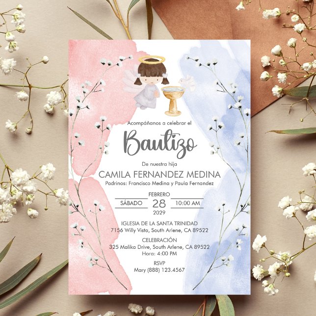 Invitacion Bautizo Angel Girl Cute Flowers Baptism Invitation (Creator Uploaded)