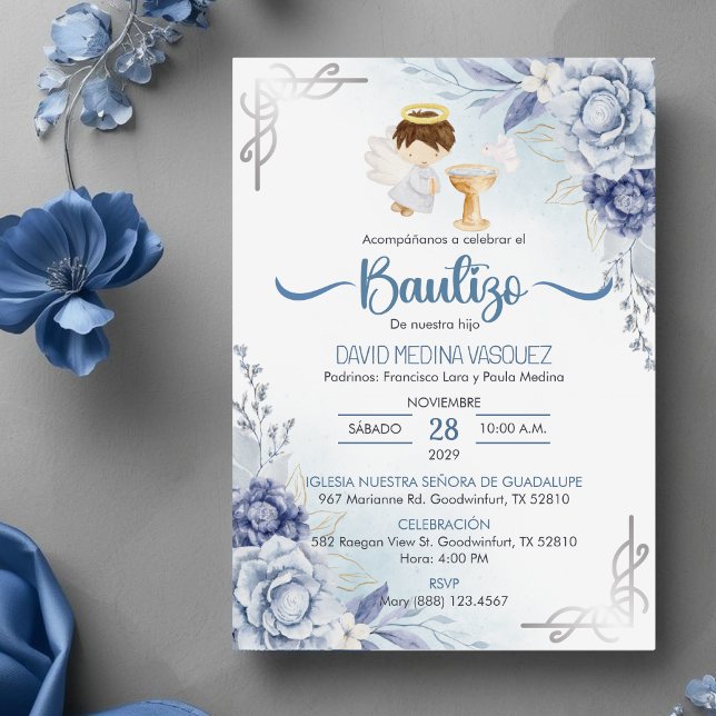 Invitacion Bautizo BLUE Flowers BOY Angel Baptism Invitation (Creator Uploaded)