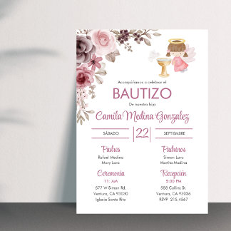 Invitacion Bautizo Cute Flowers Girl Angel Baptism Invitation