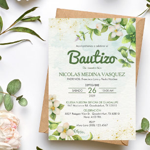 Invitacion Bautizo Green Leaves & Flowers Baptism Invitation