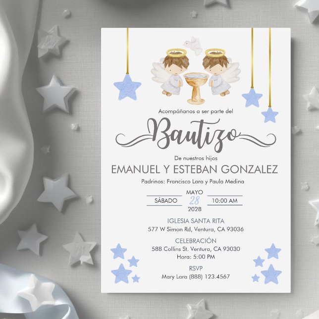 Invitacion Bautizo niños Baptism Cute Twin Angels Invitation (Creator Uploaded)