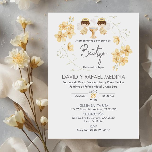 Invitacion Bautizo niños Baptism Cute Twins Angels Invitation (Creator Uploaded)