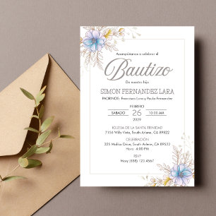 Invitacion Bautizo Spanish Blue Flowers Baptism Invitation