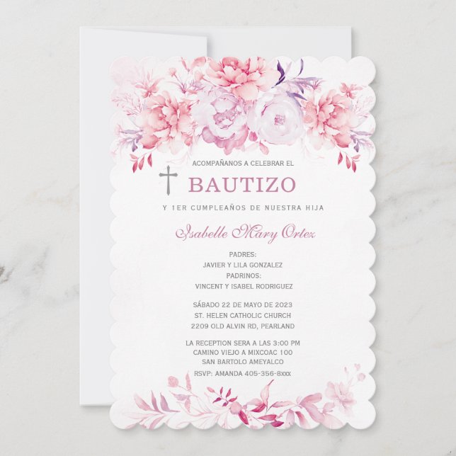 Invitación Bautizo y Primer Cumpleaños Niña Invitation (Front)