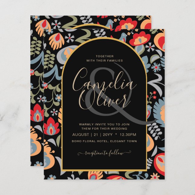 invitación bilingüe de boda de flores popular, (Front/Back)