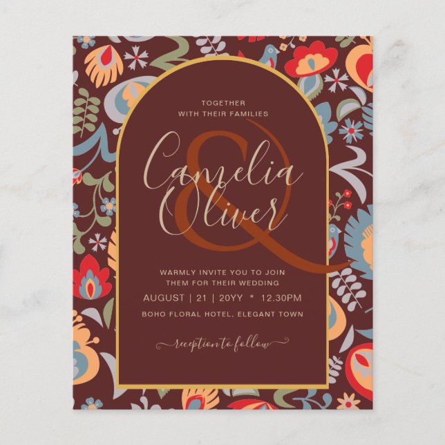 invitación bilingüe de boda de flores popular, flyer (Front)
