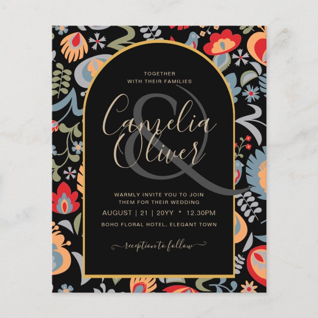 invitación bilingüe de boda de flores popular, flyer (Front)