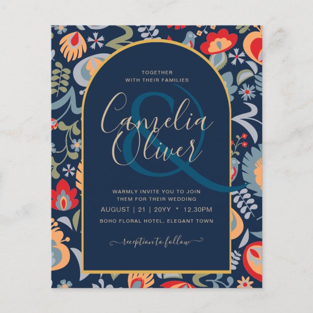 invitación bilingüe de boda de flores popular, flyer (Front)