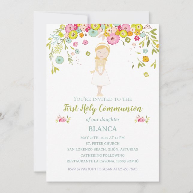 Invitación BLANCA Primera Comunión Invitation (Front)