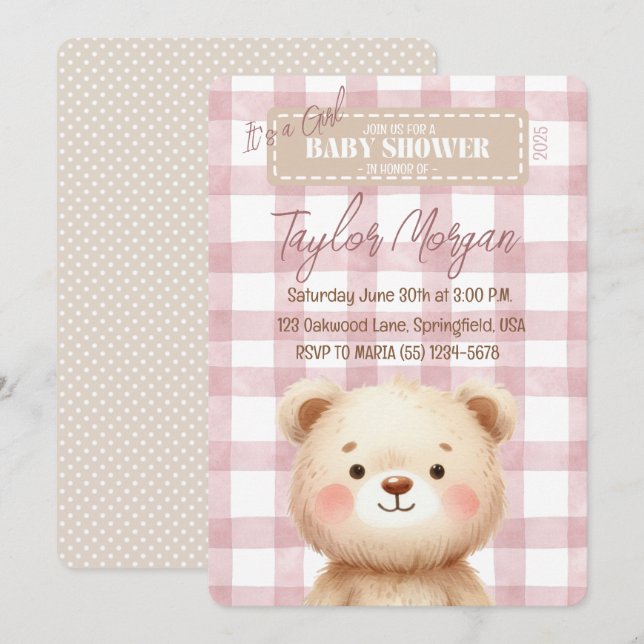 Invitación Blue Gingham Teddy Bear Invitation (Front/Back)