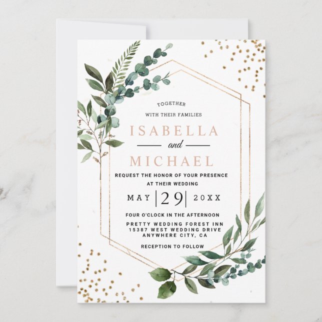 Invitación Boda Eucalipto Geométrico Rústico y Invitation (Front)