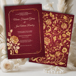 Invitación Boda Marsala Dorada Rosas Invitation